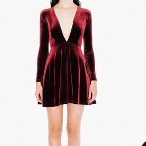 American Apparel large velvet burgundy plunging deep v neck skater dress